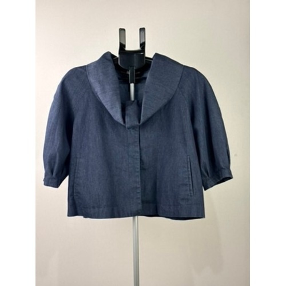 Requirements Blue Denim Look Cropped Jacket Shawl Collar Size L